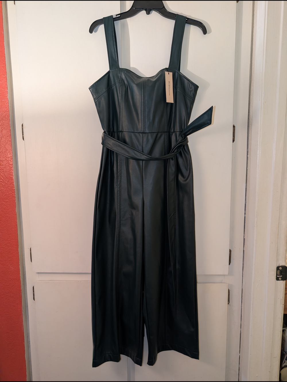 BCBGeneration Teal Faux Leather Wide-Leg Jumpsuit with Belt